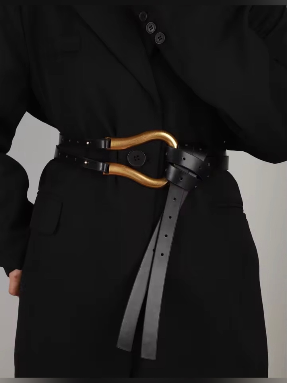 Italian Luxury Black  Vegan Leather Double-Strap Belt with Gold Accent NWOT